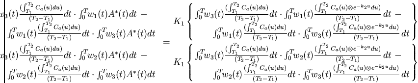 \begin{displaymath}\hspace*{-1.0cm}
\frac{
\begin{array}{lcr}
\multicolumn{2}{l}...
...(T_2 - T_1)}\, dt} \end{array} \end{array} \!\!\!\!
\right\} }
\end{displaymath}