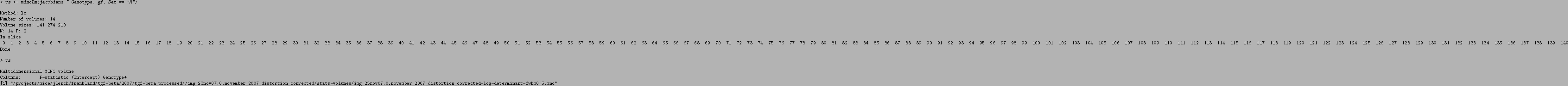 \begin{Schunk}
\begin{Sinput}
> vs <- mincLm(jacobians ~ Genotype, gf, Sex == ''...
...007_distortion_corrected-log-determinant-fwhm0.5.mnc''
\end{Soutput}\end{Schunk}