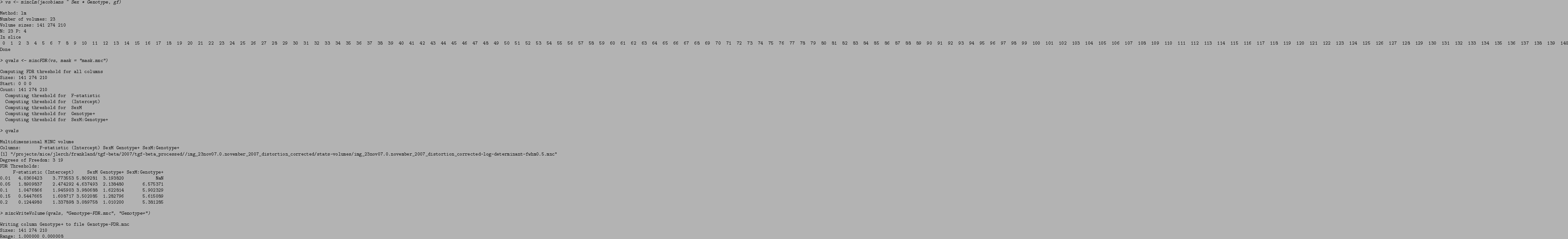 \begin{Schunk}
\begin{Sinput}
> vs <- mincLm(jacobians ~ Sex * Genotype, gf)
\en...
...e-FDR.mnc
Sizes: 141 274 210
Range: 1.000000 0.000008
\end{Soutput}\end{Schunk}