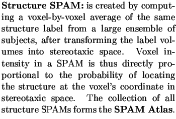 $\textstyle \parbox{3in}{ {\bf Structure SPAM:} is created by computing a voxel-...
...ic space.
The collection of all structure SPAMs forms the {\bf SPAM Atlas}.
}$