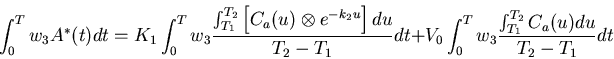 \begin{displaymath}\int_{0}^{T} w_{3}A^{*}(t)dt = K_{1} \int_{0}^{T} w_{3}
\frac...
...{0}^{T}w_{3} \frac{\int_{T_1}^{T_2}
C_{a}(u) du}{T_2 - T_1} dt
\end{displaymath}